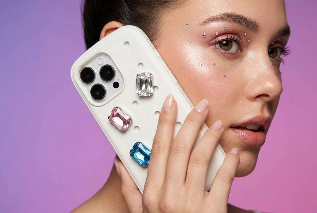Model holding custom decorated phone case